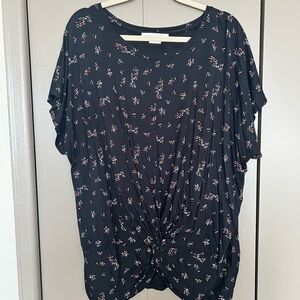 Addition Elle Black Short Sleeve Knot-Front Tee with Pink Floral Accents